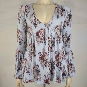 Free People blue floral V-Neck bell sleeve  blouse top ladies Small